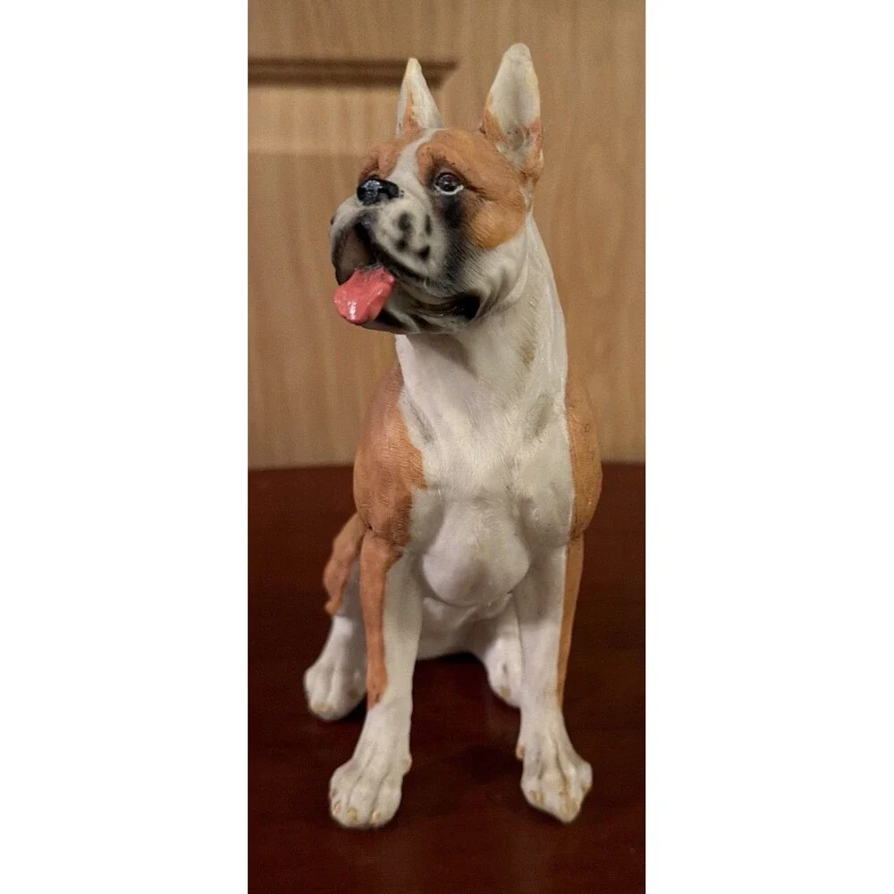 Sitting Fawn Boxer with Tongue Out Dog Pet Home Decoration Resin Figurine  8.25”